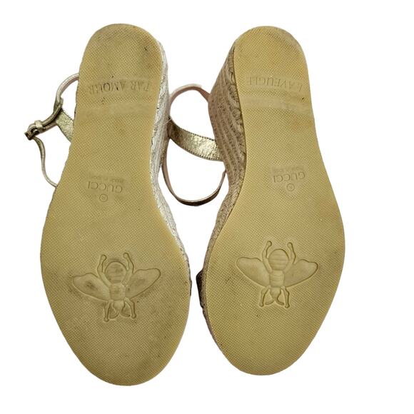 Gucci GG Aitana Marmont Espadrille Wedge Sandal Gold Leather Size 36.5 US 6.5 - Picture 9 of 11